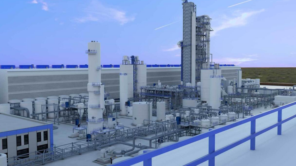 Industrial carbon capture facility with processing towers and pipelines