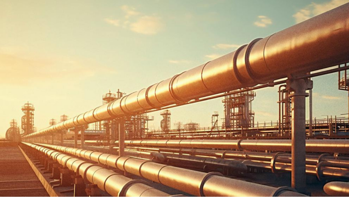 Industrial CO₂ pipeline network with parallel steel pipes at sunset