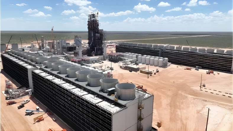 Large-scale carbon capture facility under construction in desert landscape