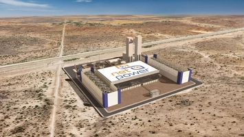 Net Power facility rendering with blue and white branded rooftop in a flat desert with sparse vegetation